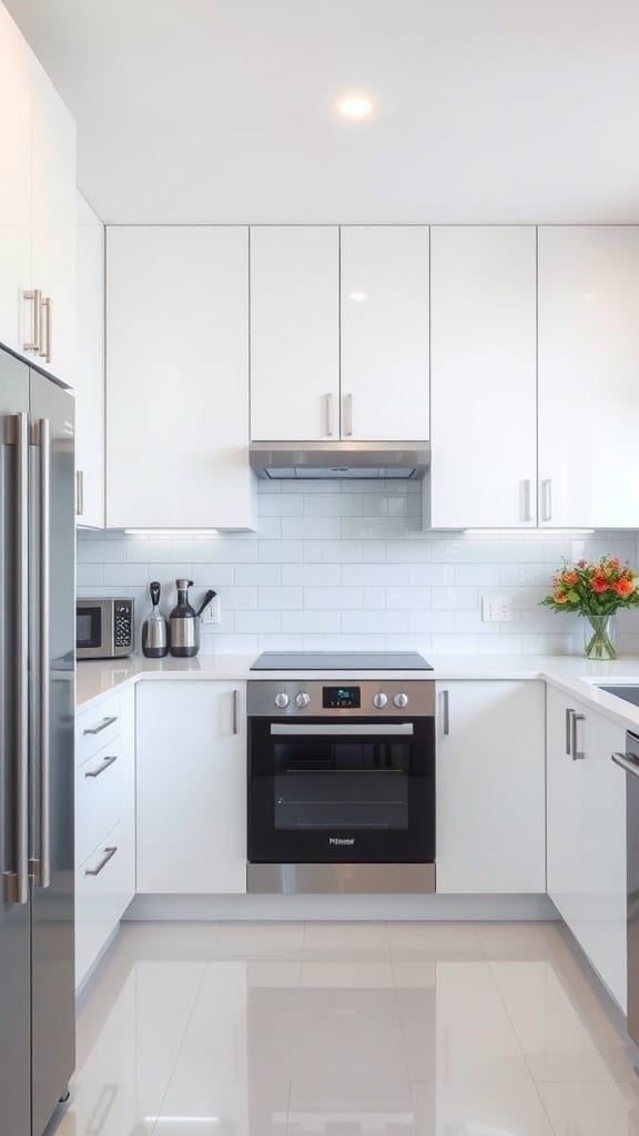 A minimalist white kitchen featuring integrated appliances, sleek cabinetry, and a clean design.