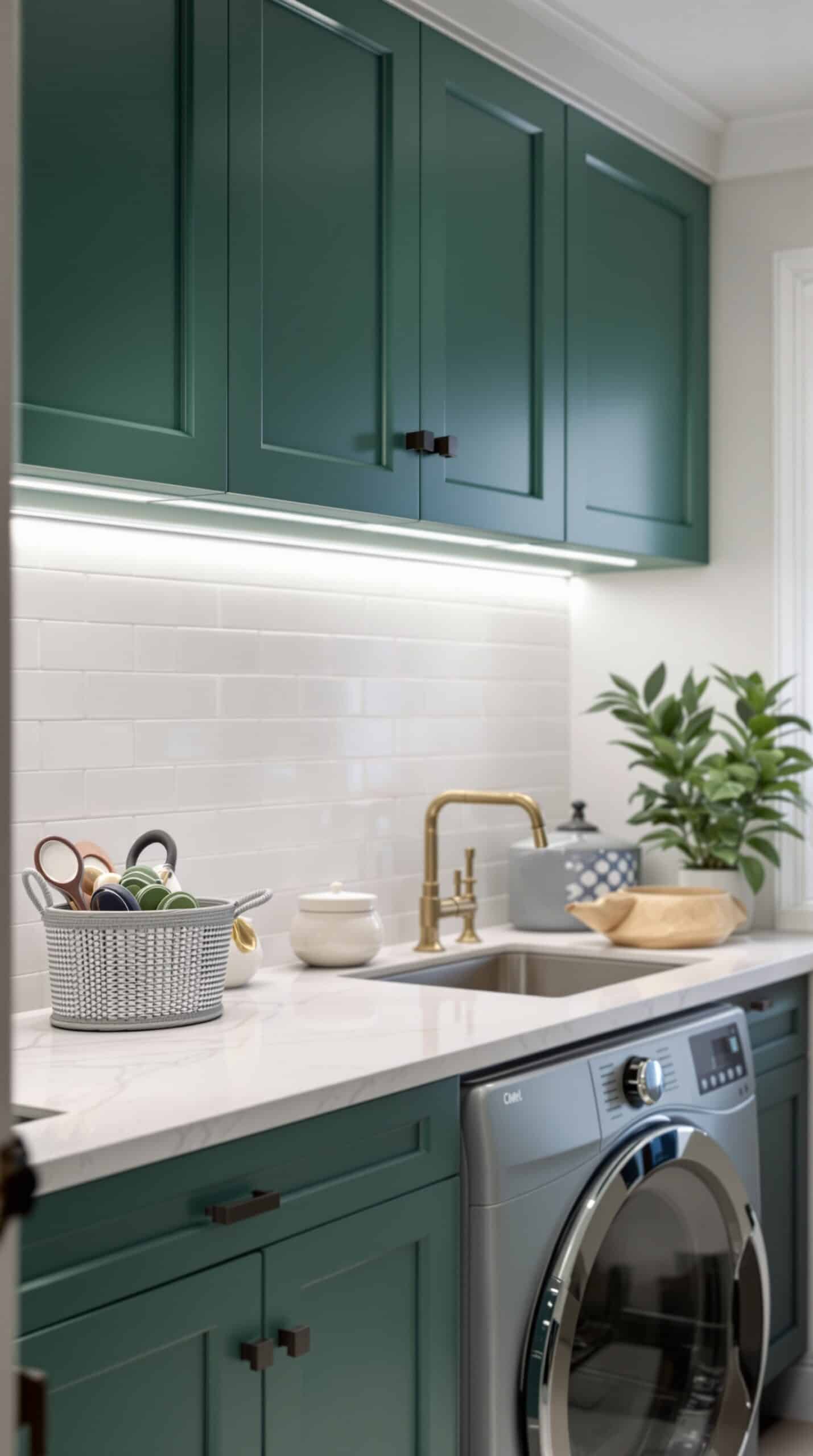 A modern laundry room featuring emerald green cabinets and bright under-cabinet lighting.