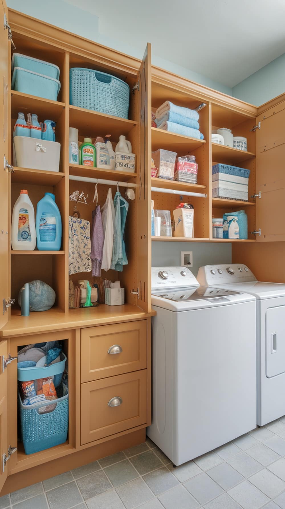 A laundry room featuring ochre cabinetry with organized shelves and washing machines.