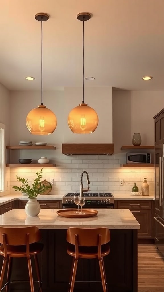 A modern kitchen featuring caramel-colored pendant lighting above an island.