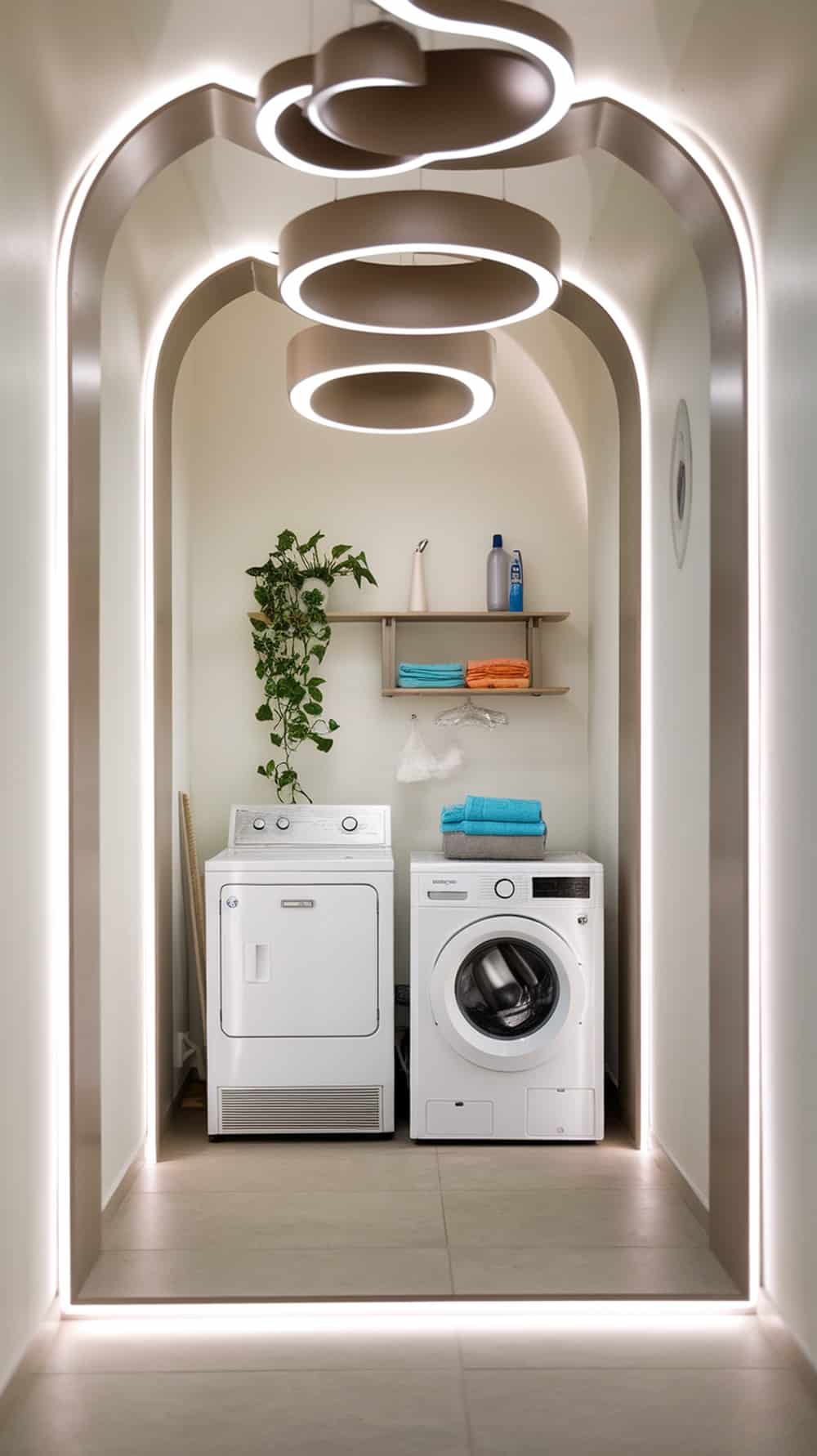 Bright taupe lighting fixtures in a modern laundry room with white appliances and colorful towels.