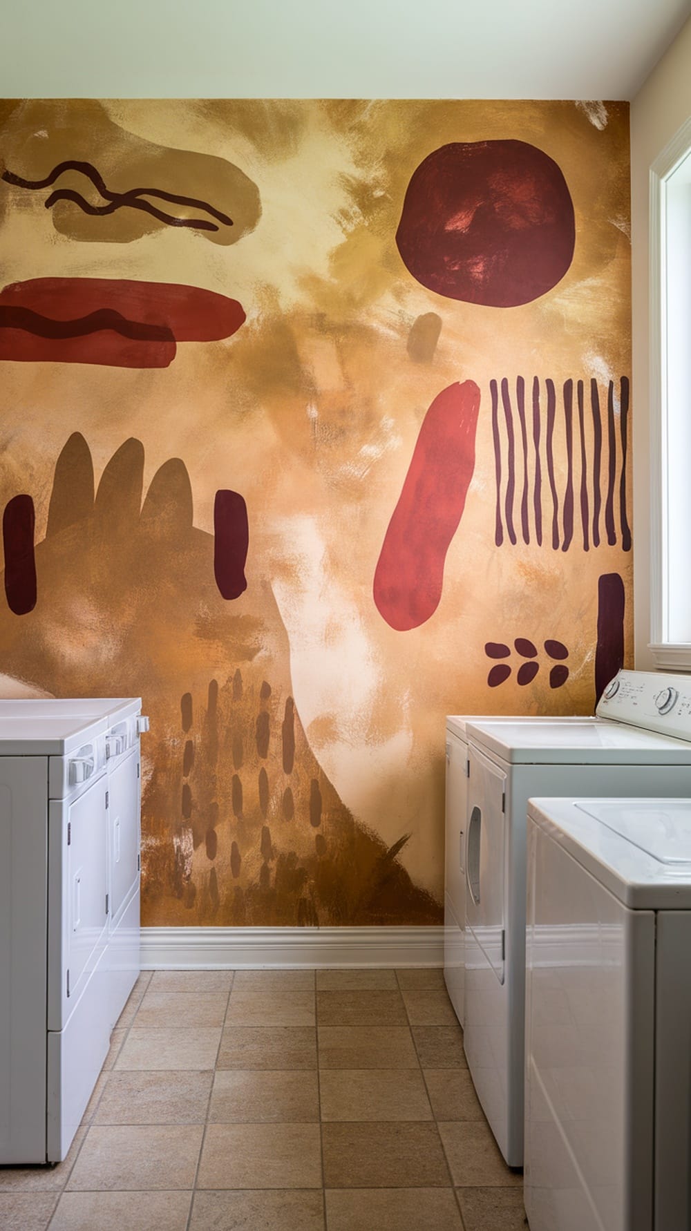 Laundry room with an artistic ochre-yellow wall mural featuring abstract shapes.