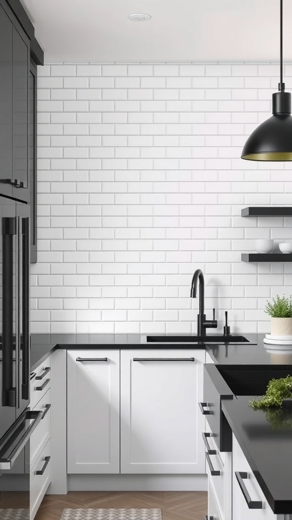 A modern kitchen featuring white subway tiles, black cabinetry, and a sleek black countertop.