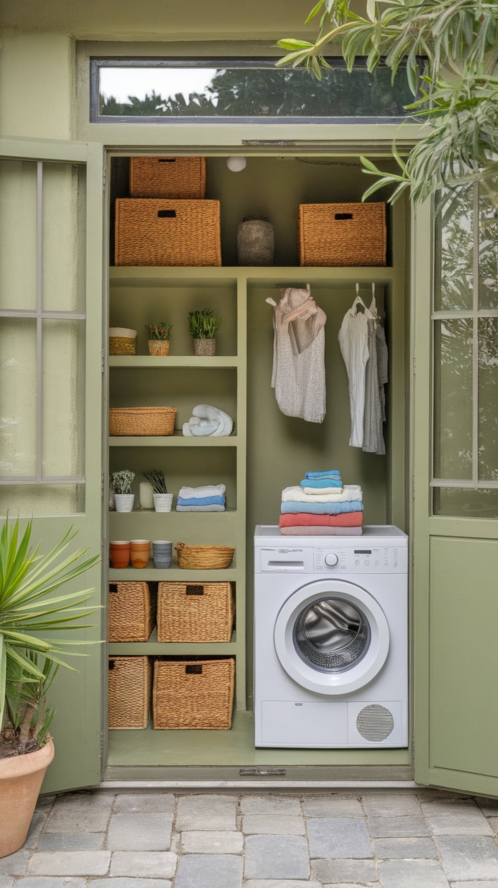 Open concept laundry room with olive green walls, organized shelves, and a washing machine