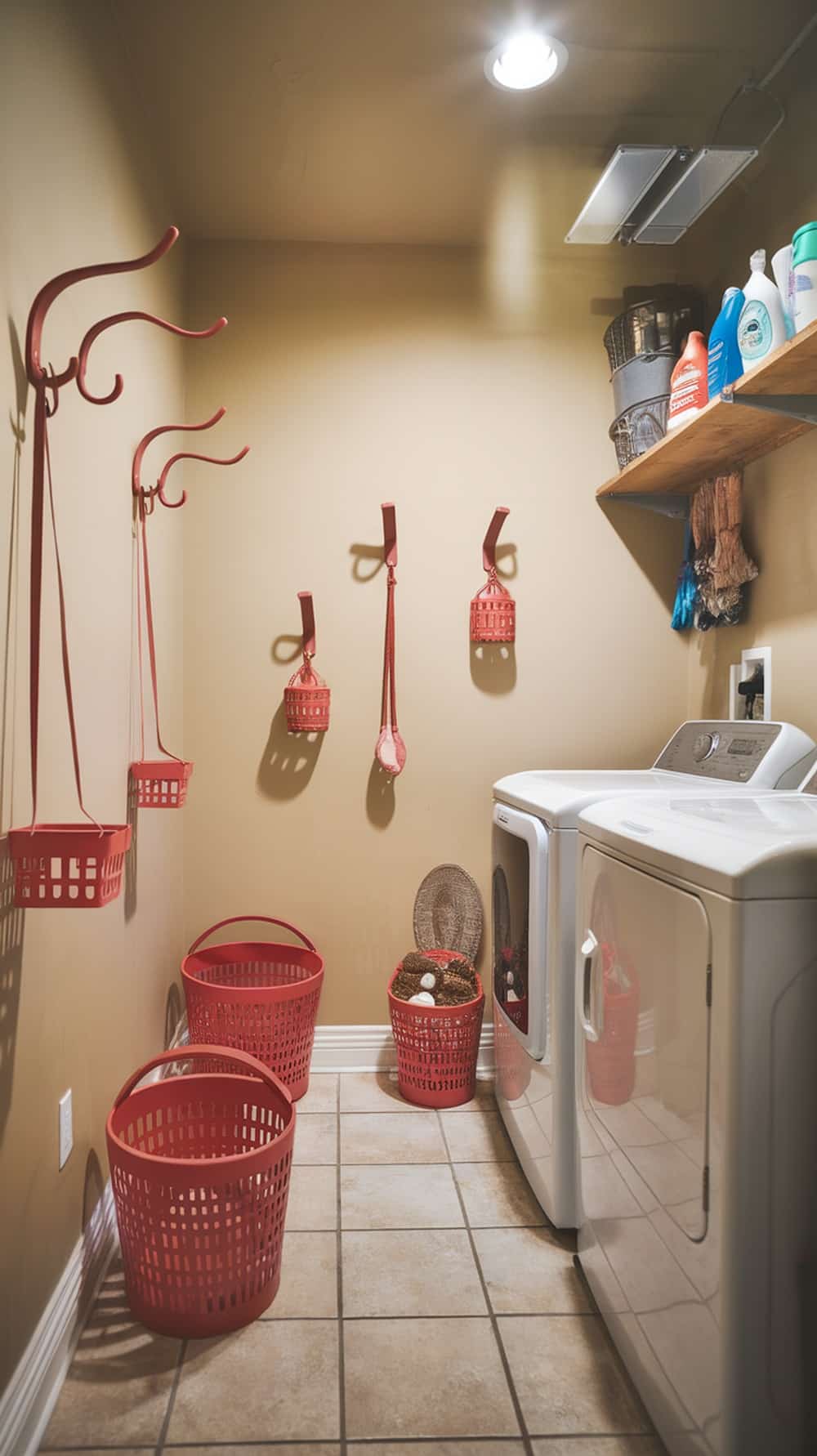 A laundry room featuring red baskets and hooks against neutral walls.