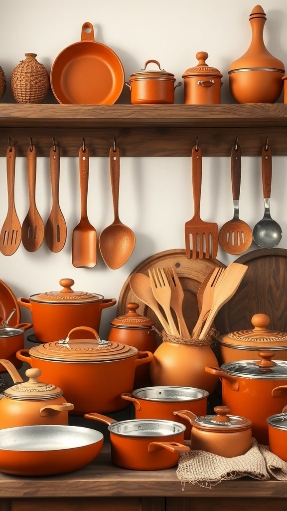 A collection of burnt sienna kitchen accessories including pots, pans, and wooden utensils on wooden shelves.