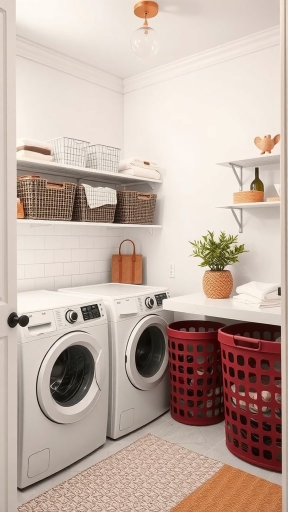 Two burgundy laundry baskets in a modern laundry room setting