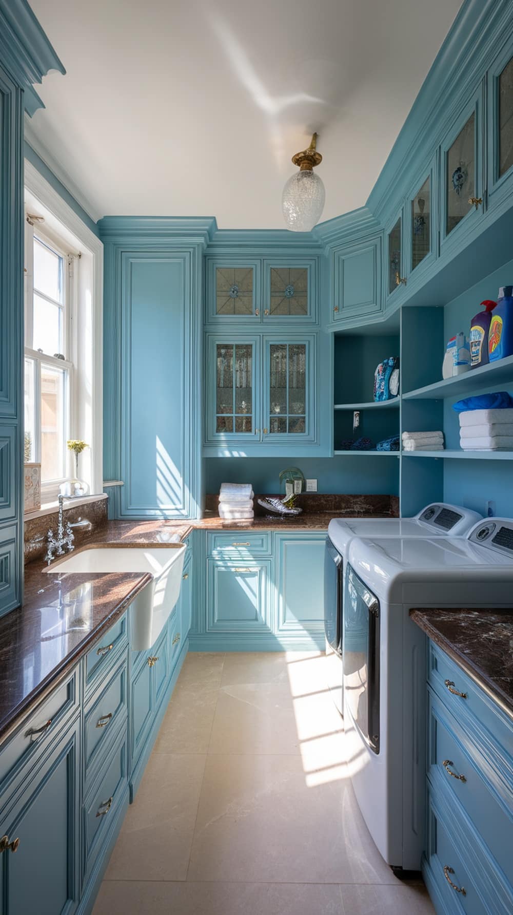A stylish laundry room featuring peacock blue cabinetry and elegant marble countertops.