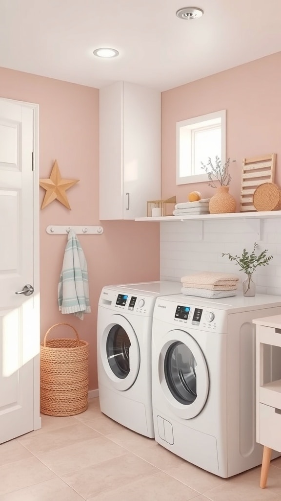 A laundry room featuring a blush pink wall and white appliances, creating a soft and inviting atmosphere.
