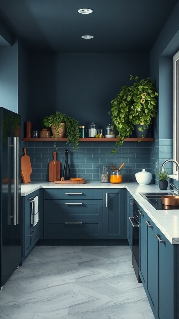 A modern slate blue kitchen with greenery and light countertops