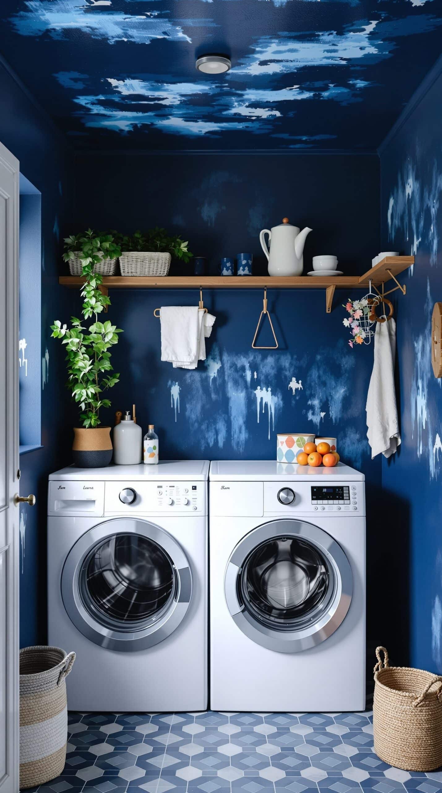 Laundry room with an indigo painted ceiling and white appliances.