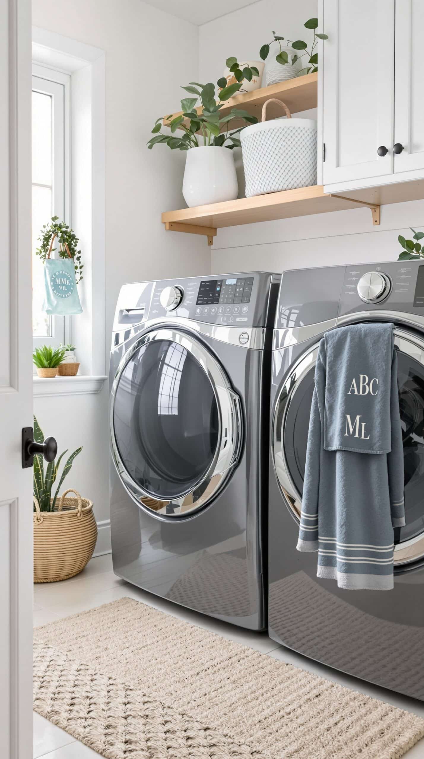 A modern laundry room featuring dusty blue accents, monogrammed towel, plants, and stylish storage solutions.