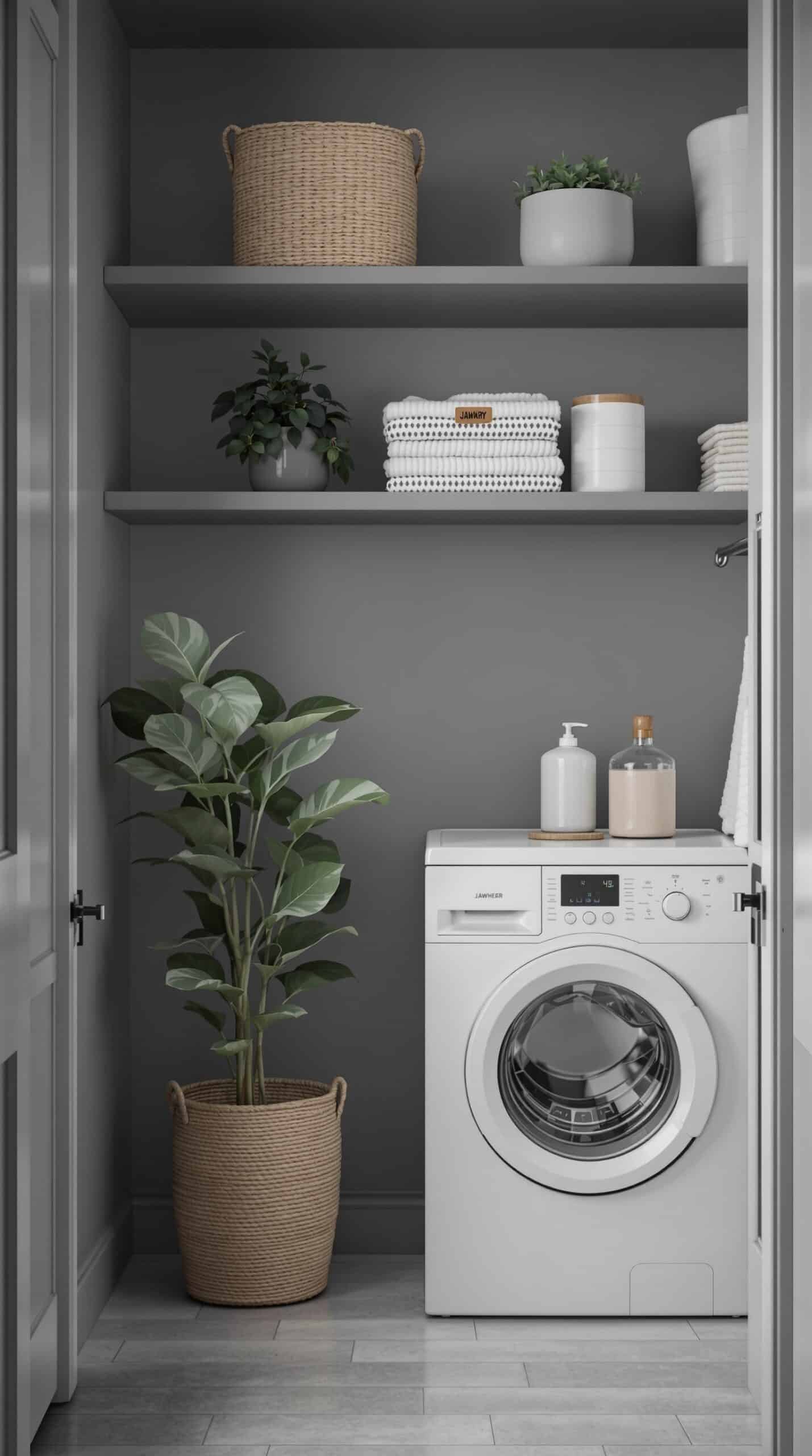 Minimalist gray laundry room with open shelving, plants, and a washing machine.