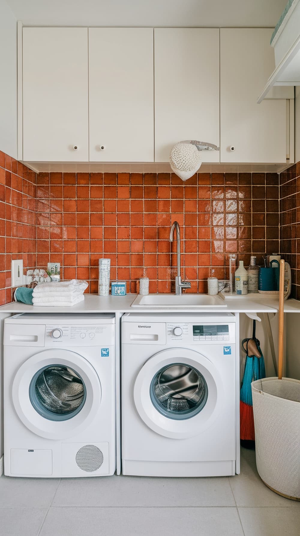 Laundry room featuring a bright terracotta backsplash with white cabinets and appliances.