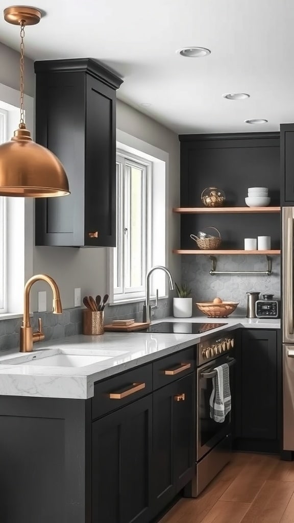A modern charcoal gray kitchen featuring copper accents and sleek design.