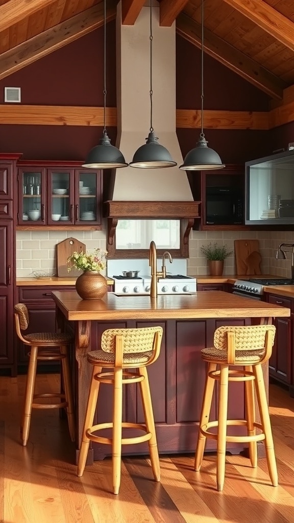 A rustic burgundy kitchen island with wood finishes and stylish pendant lights.