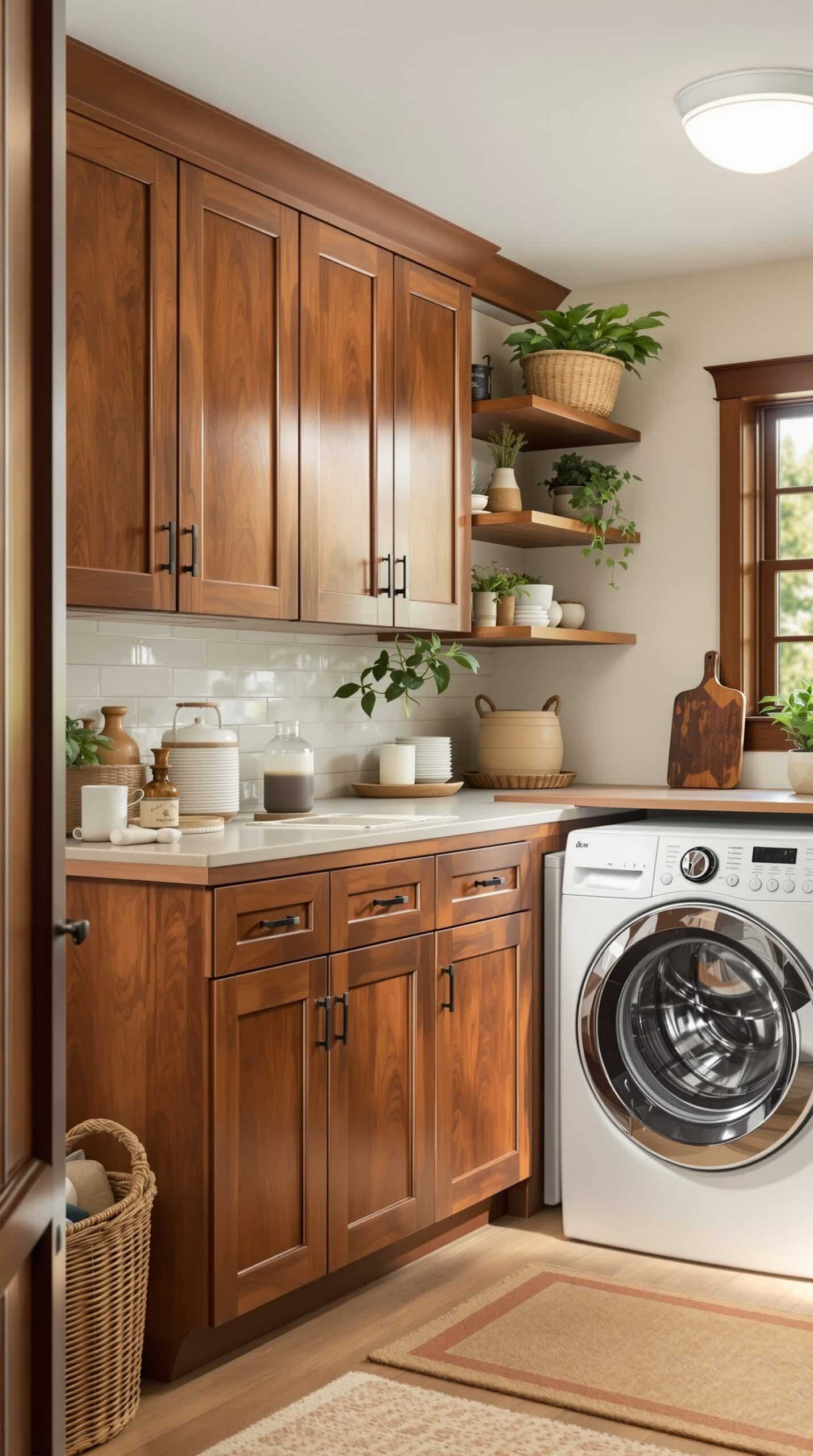 A warm wood accented laundry room with brown cabinets, open shelves, and a washing machine.