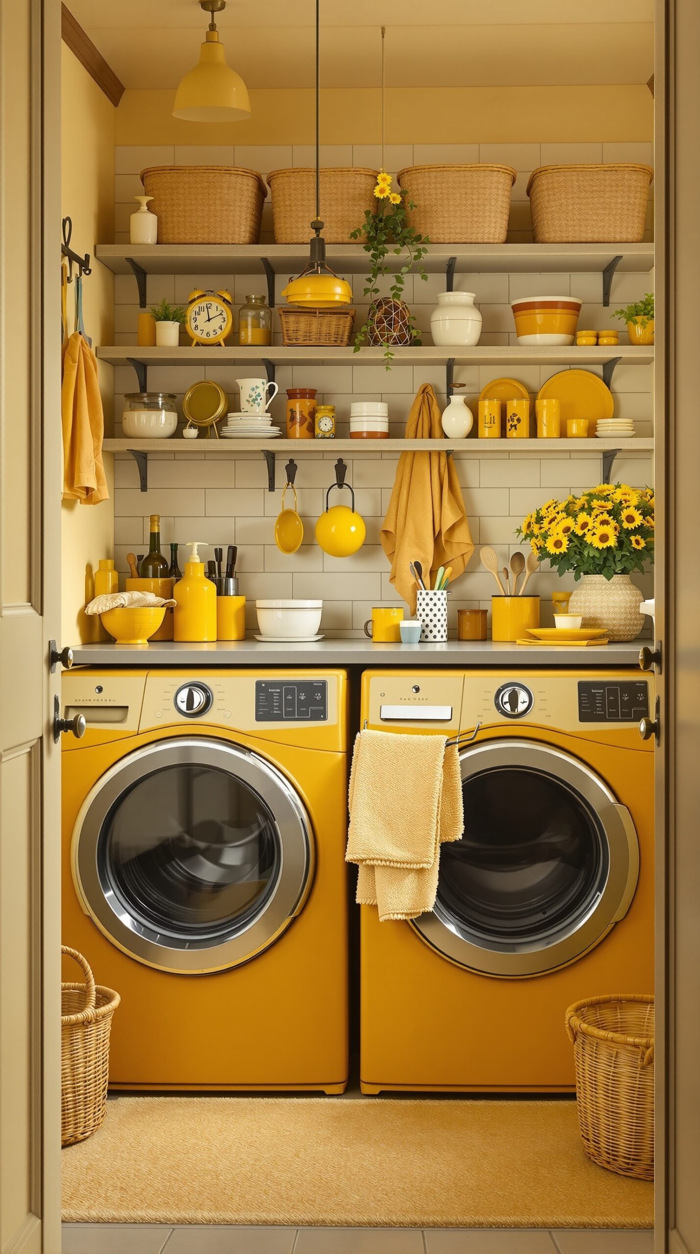 A vintage-inspired laundry room featuring mustard yellow washing machines, shelves filled with yellow accessories, and warm decor.