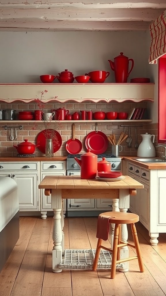 A rustic kitchen featuring red pots, dishes, and a wooden table, creating a warm and inviting atmosphere.