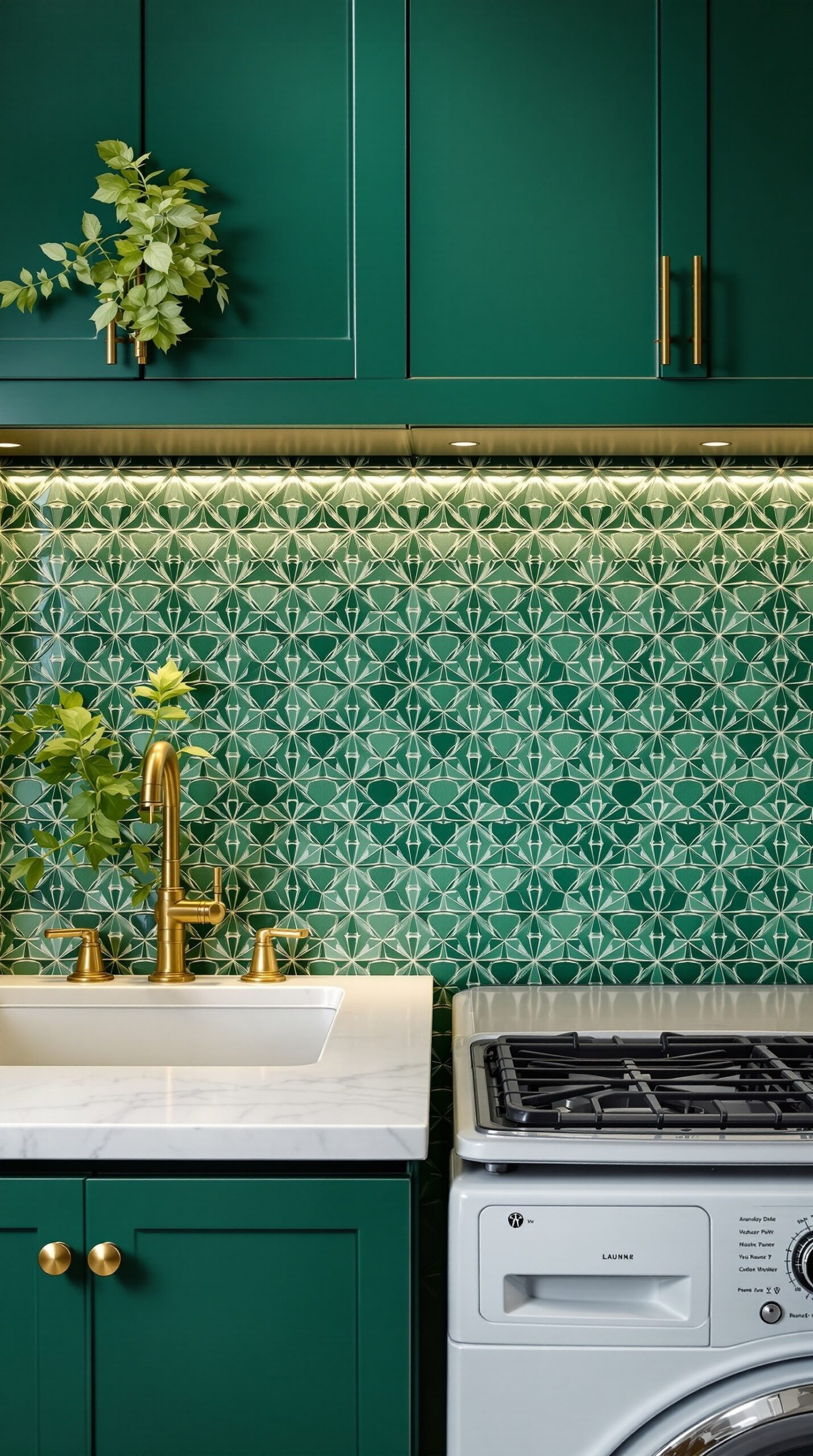 Emerald green tile backsplash in a laundry room with gold fixtures and a white sink