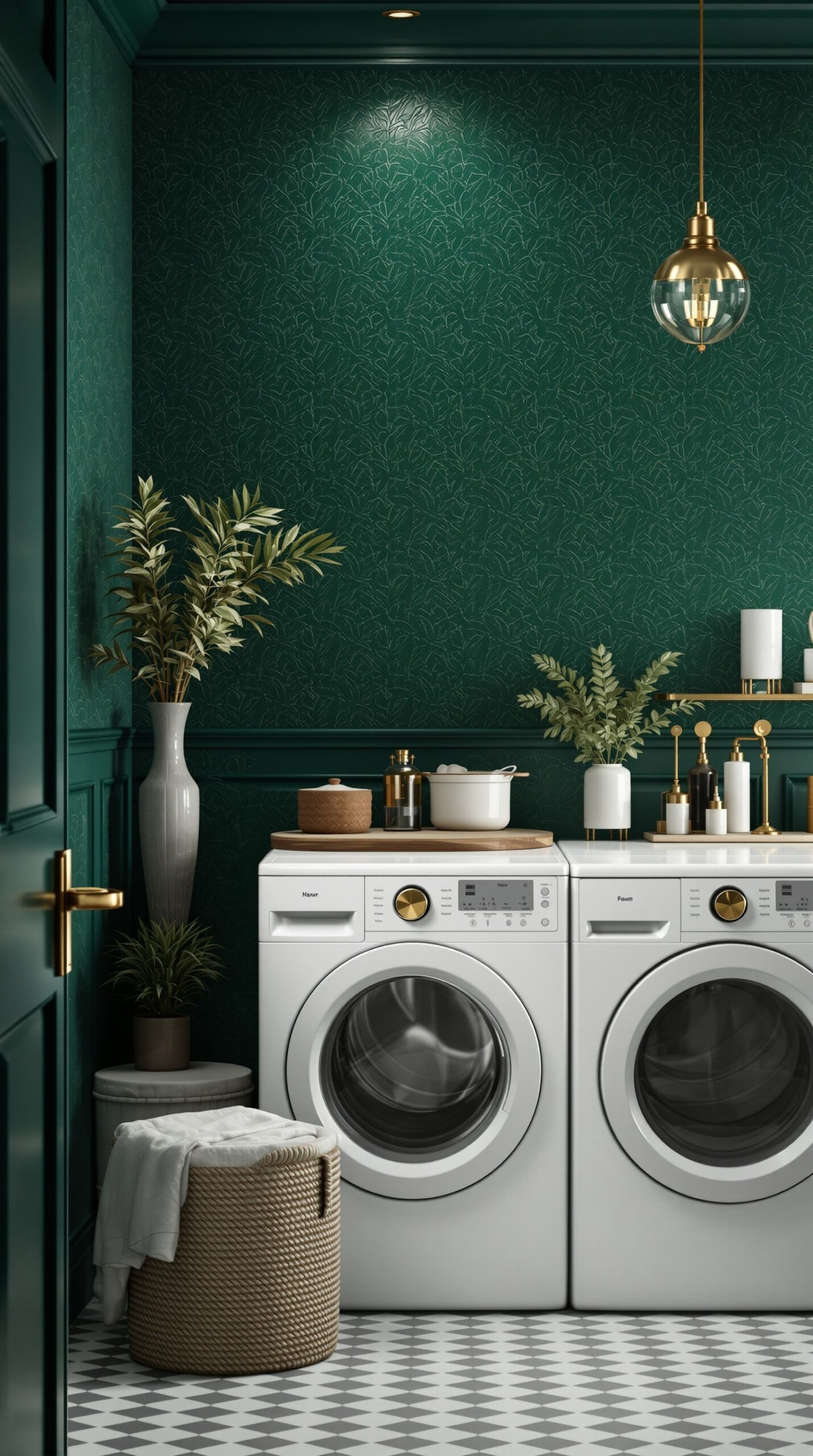 Emerald green laundry room with textured wallpaper and stylish decor