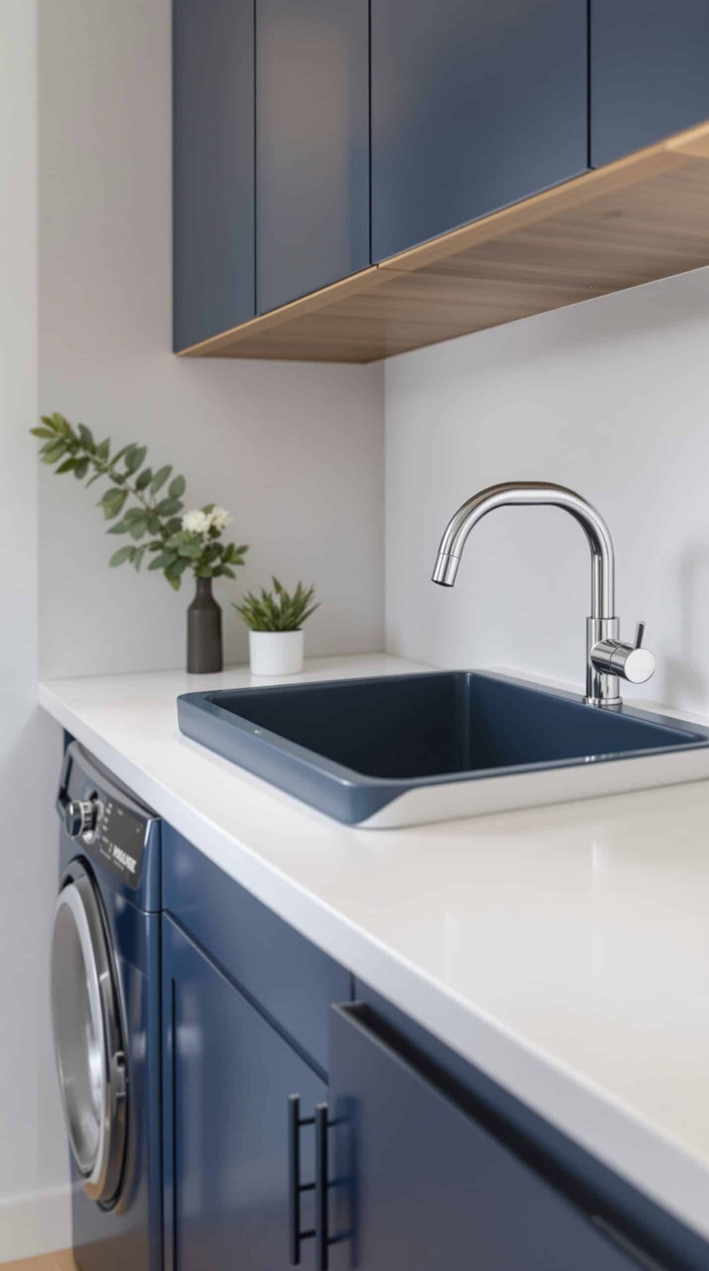 Indigo sink with a modern faucet in a stylish laundry room