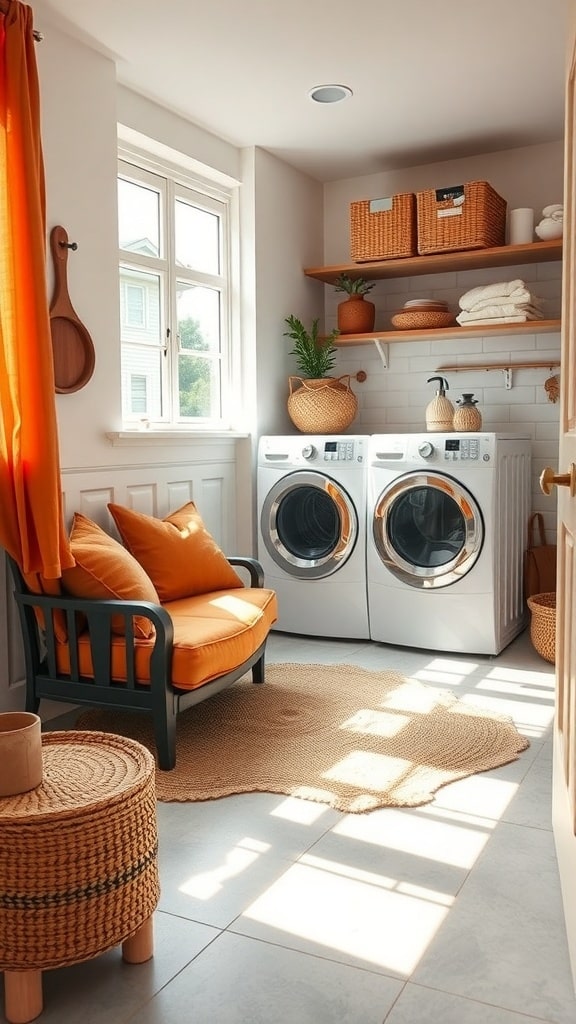 Cozy seating area in a laundry room with a chair, cushions, and a side table