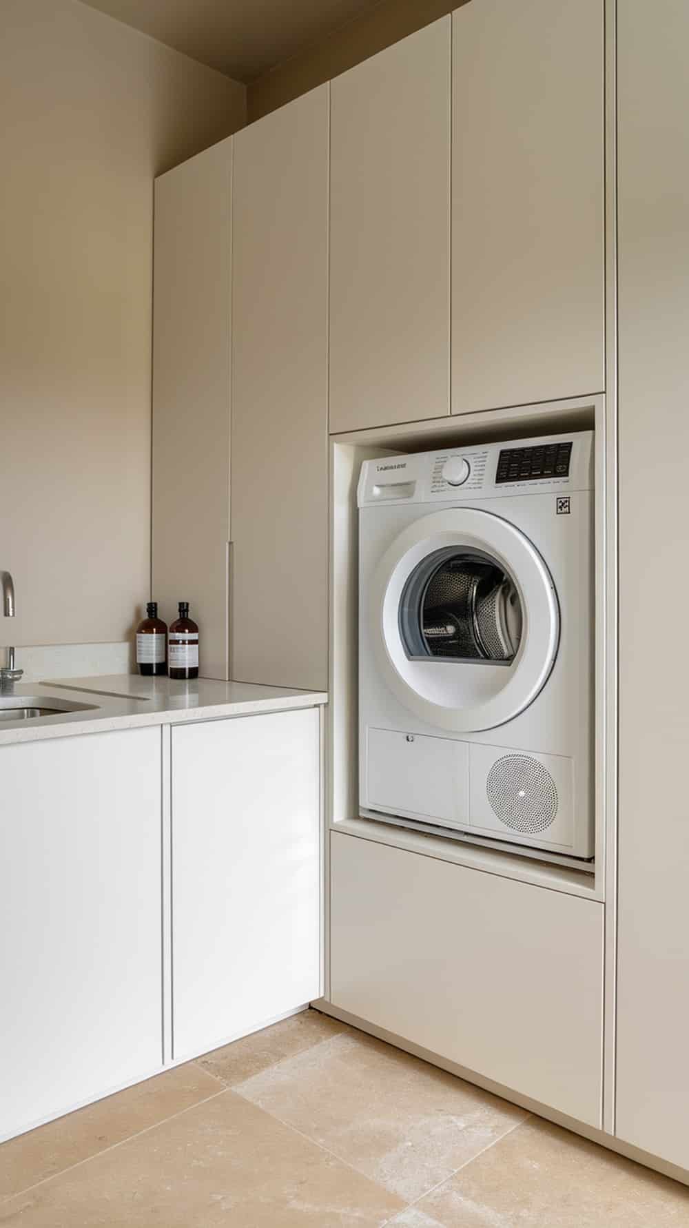 A modern laundry room featuring an integrated washer and dryer within cabinetry, with a clean and organized look.