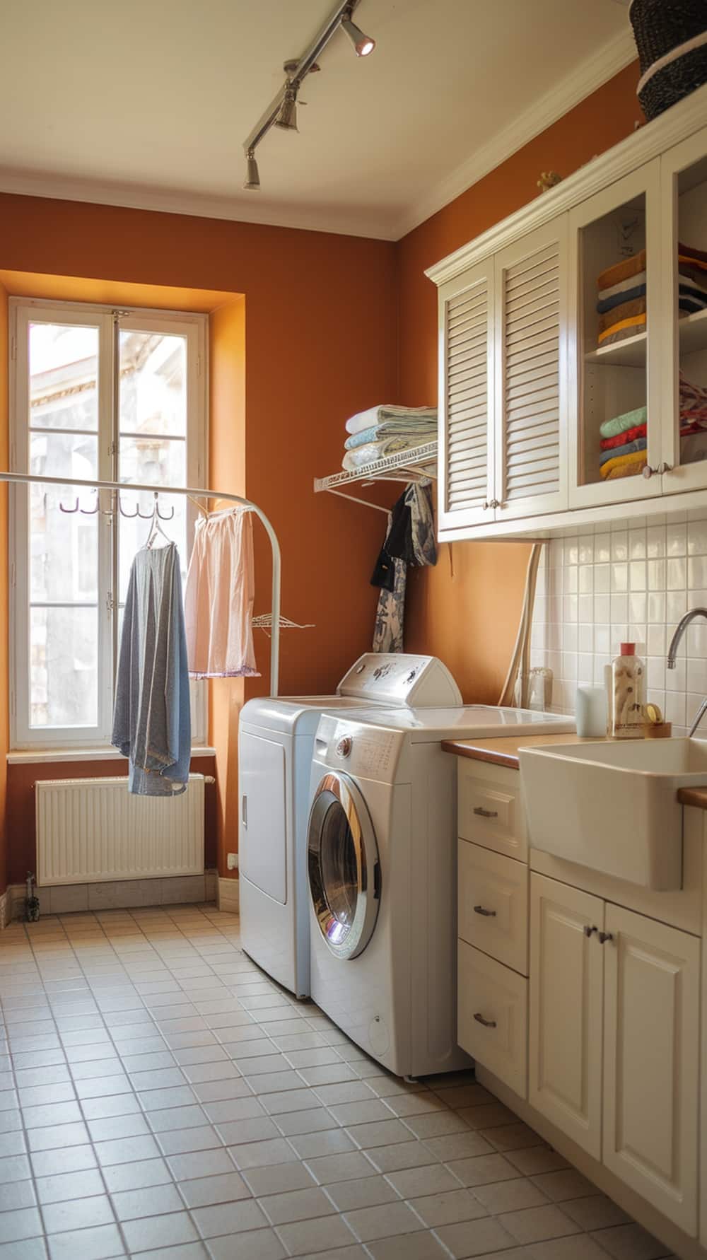 Laundry room with warm ochre accent wall, white appliances, and light tiles.