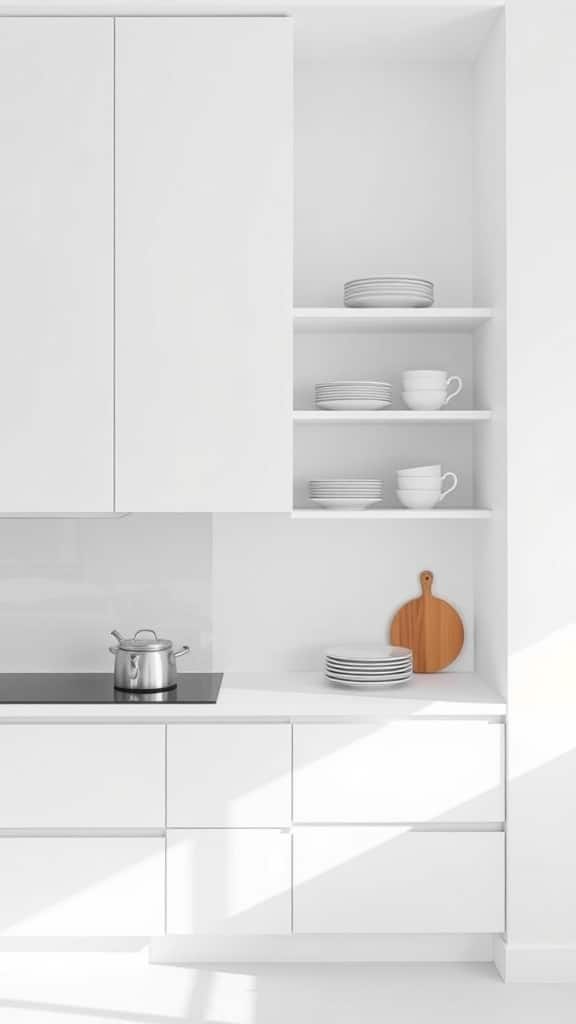 Minimalist white kitchen with sleek cabinetry and open shelving displaying plates and a wooden cutting board.