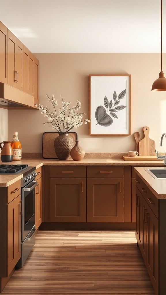 A cozy brown kitchen with artful accessories, including a vase of flowers and framed artwork.