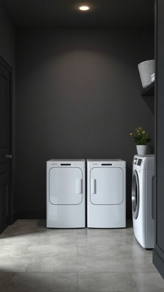 A modern laundry room with gray tile flooring and white appliances.