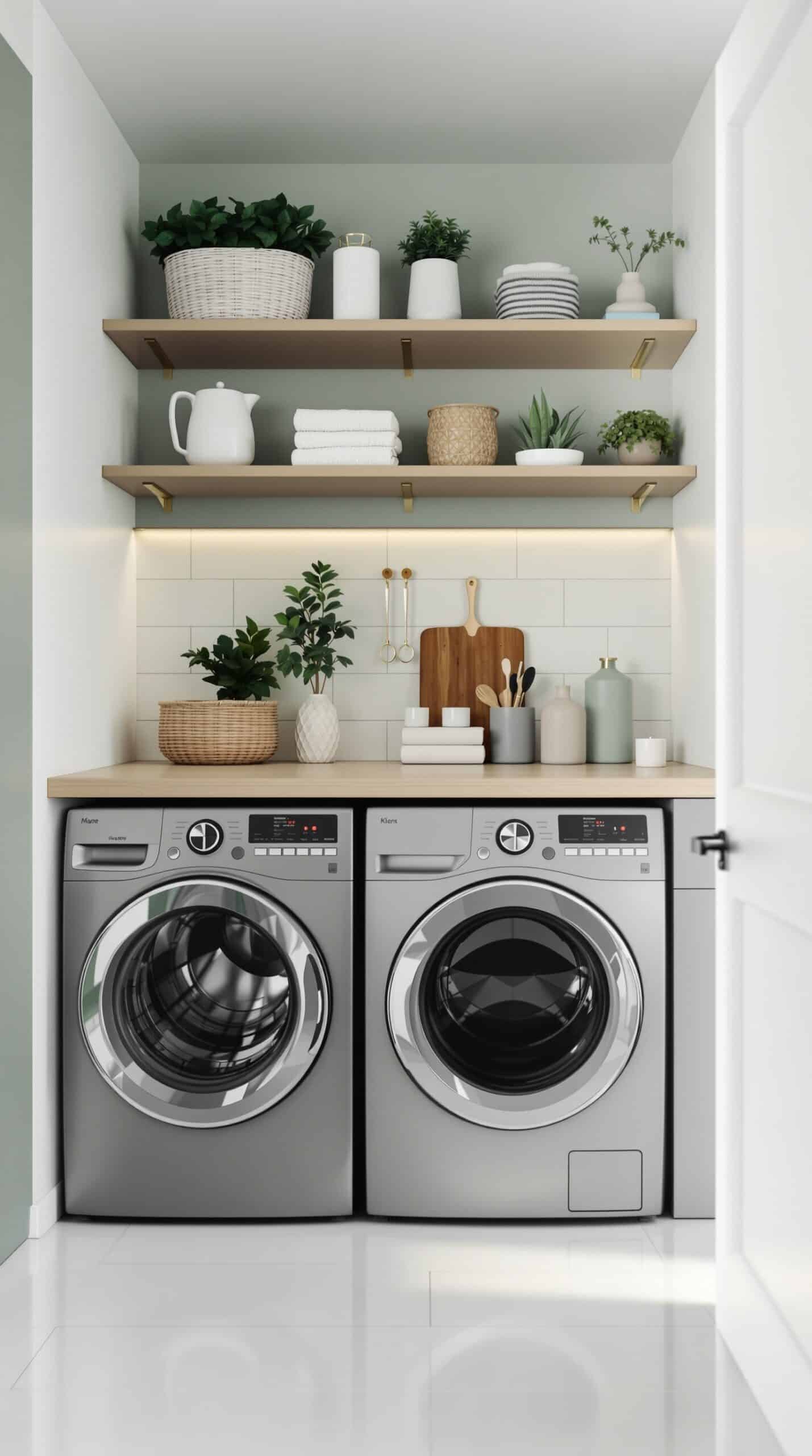 Laundry room featuring a green and gray color palette with modern appliances and open shelving