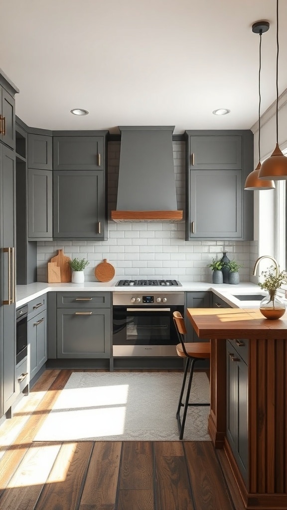 A modern kitchen featuring gray cabinets and wooden accents, showcasing a blend of contemporary and rustic design.