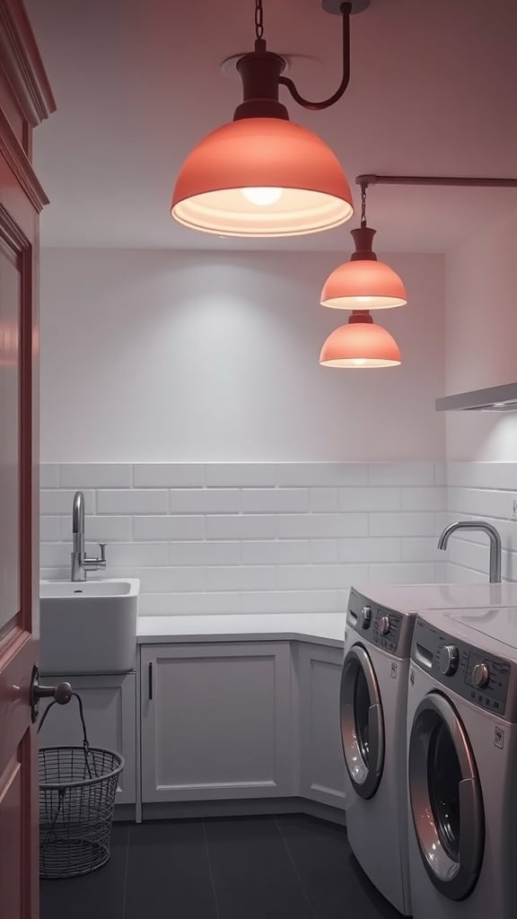 Blush pink pendant lighting fixtures in a modern laundry room