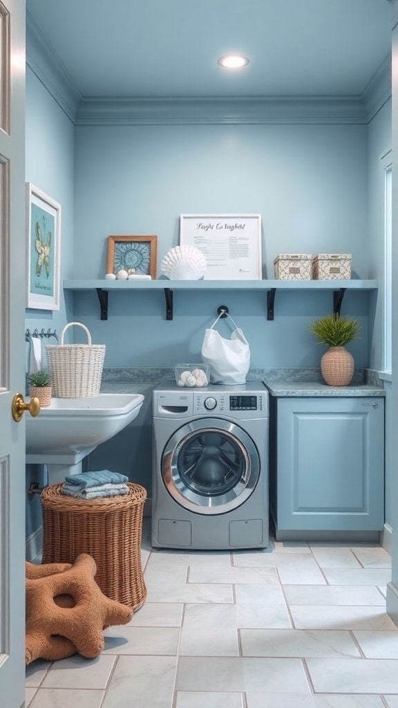 A serene blue laundry room with coastal decor, featuring a washer, wicker basket, and starfish.