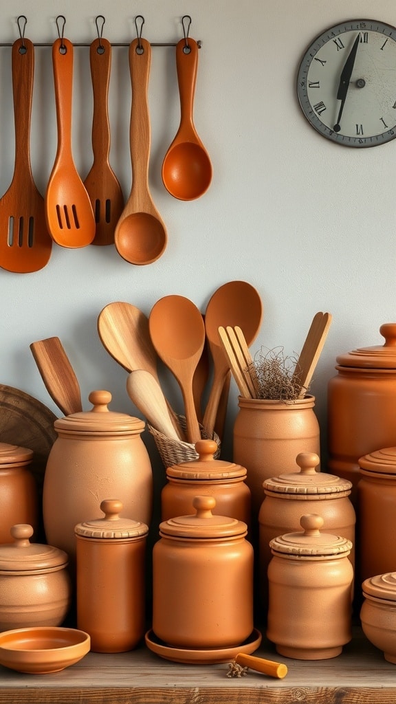 A collection of terracotta kitchen accessories including jars and wooden utensils.