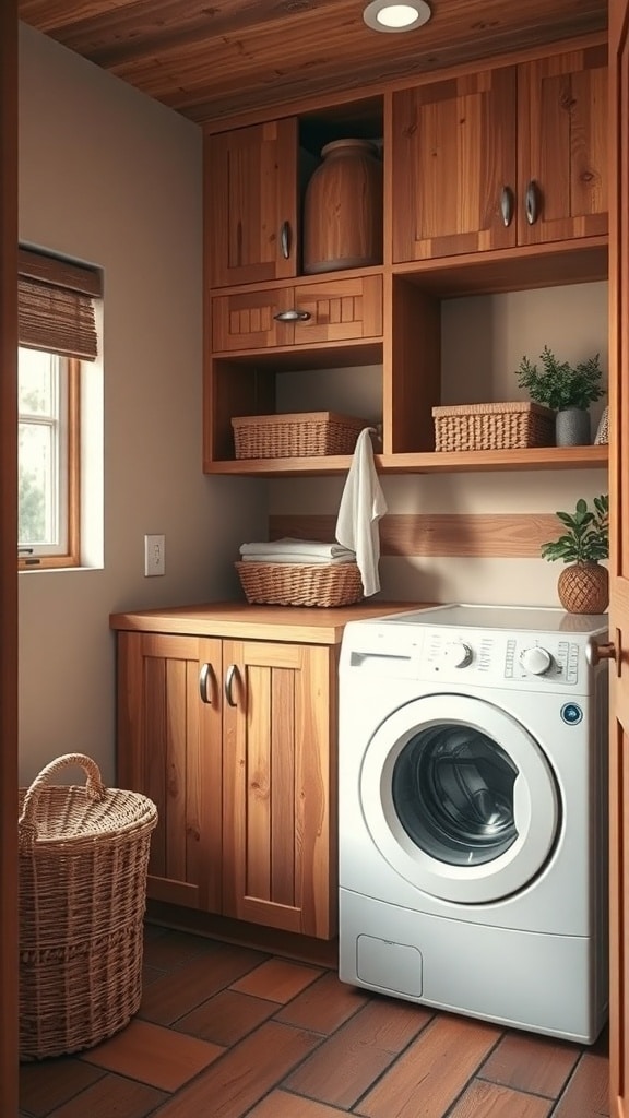 Cozy laundry room featuring warm burnt sienna wood cabinets, woven baskets, and potted plants.