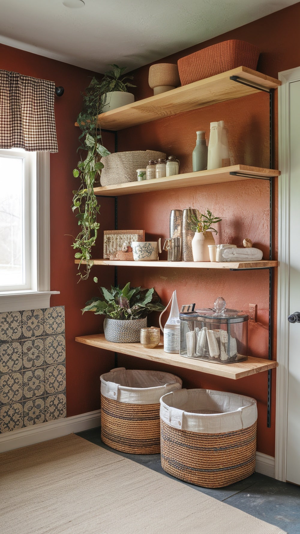 Natural wood shelving in a rust orange laundry room with plants and decorative items.