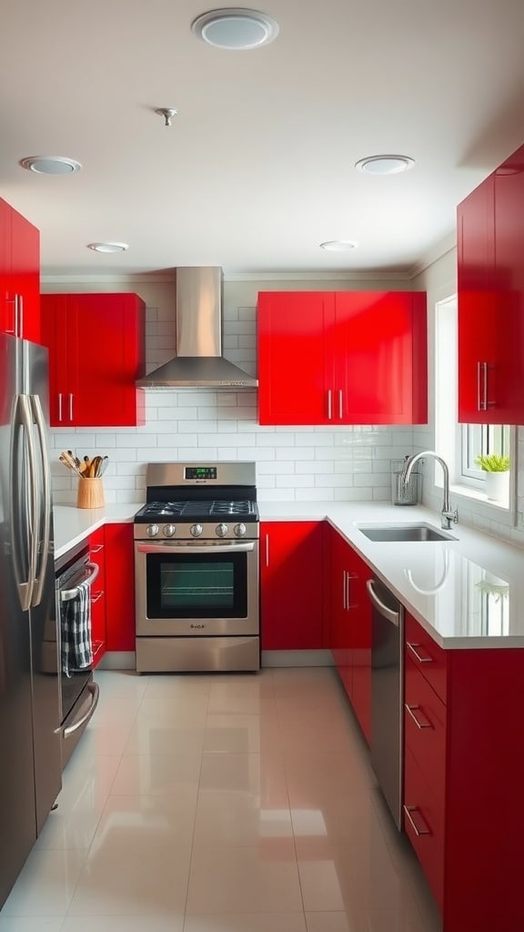 A modern kitchen featuring striking red cabinets, stainless steel appliances, and a white backsplash.
