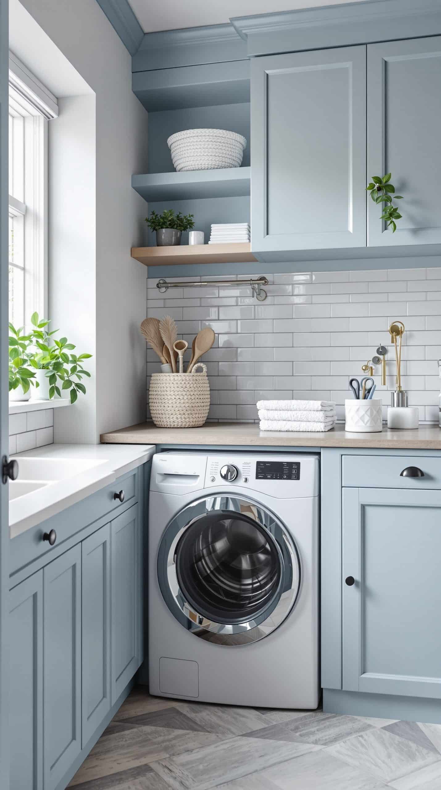 A light blue and gray laundry room featuring cabinets, a washing machine, and decorative items.