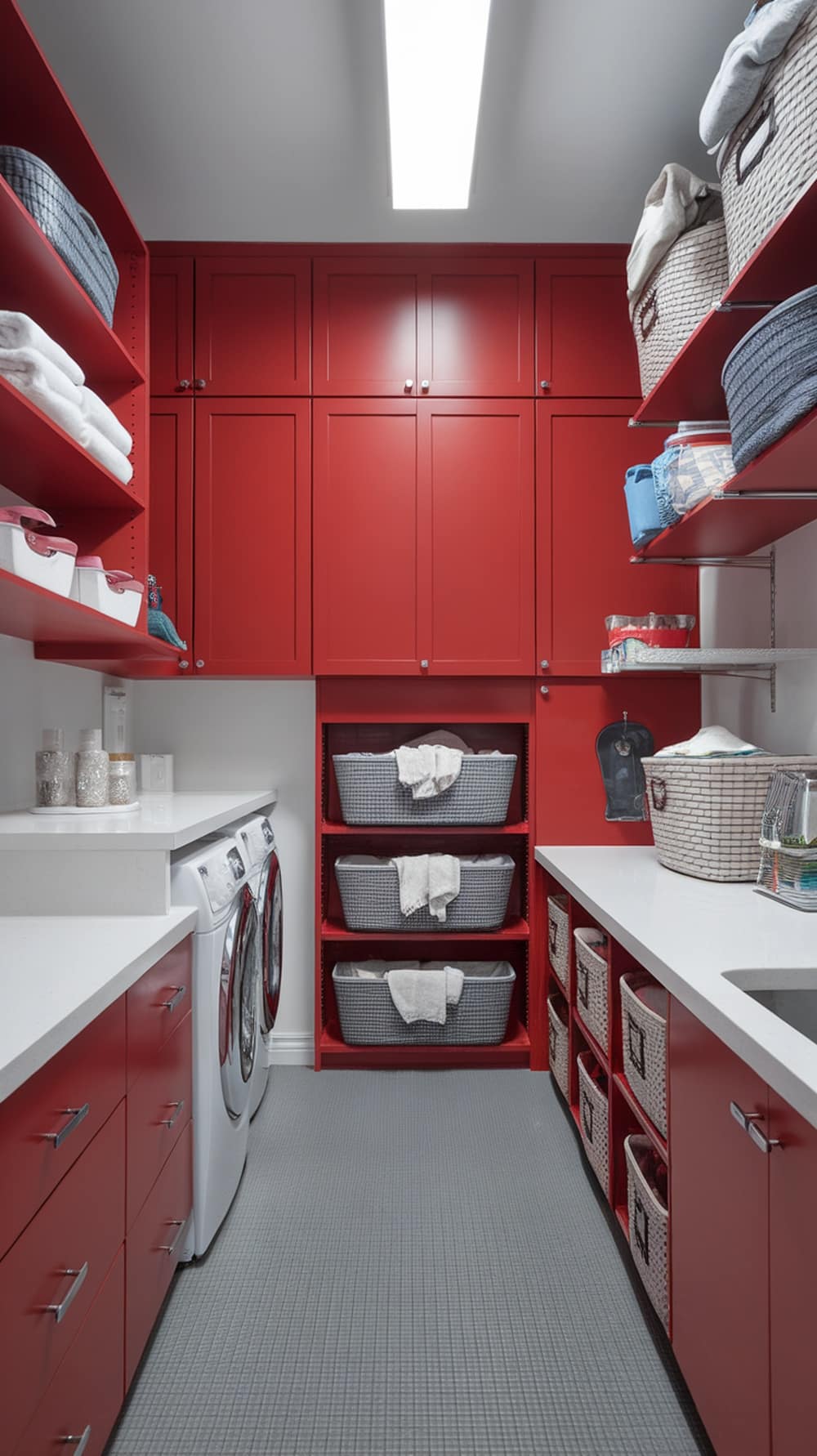 A vibrant laundry room featuring red cabinets and white countertops, showcasing organized storage and a modern design.