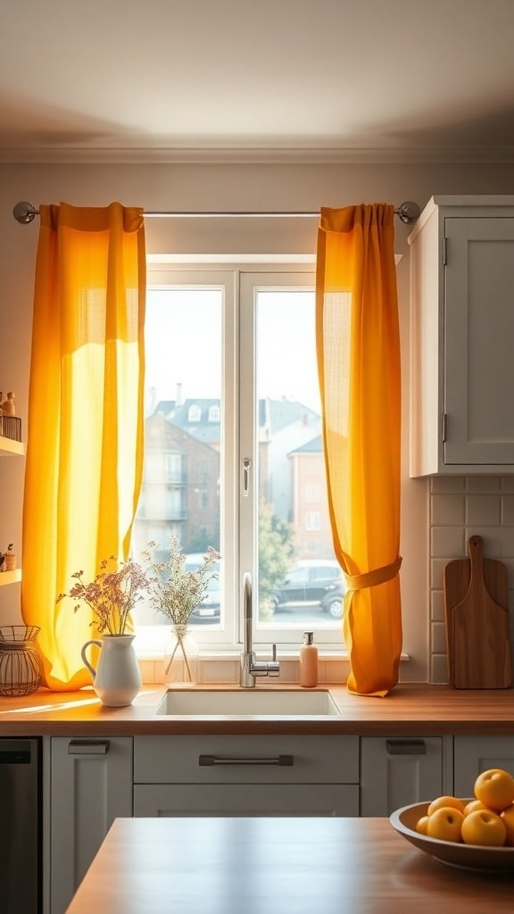 Bright mustard yellow curtains in a kitchen window, adding warmth and color to the space.