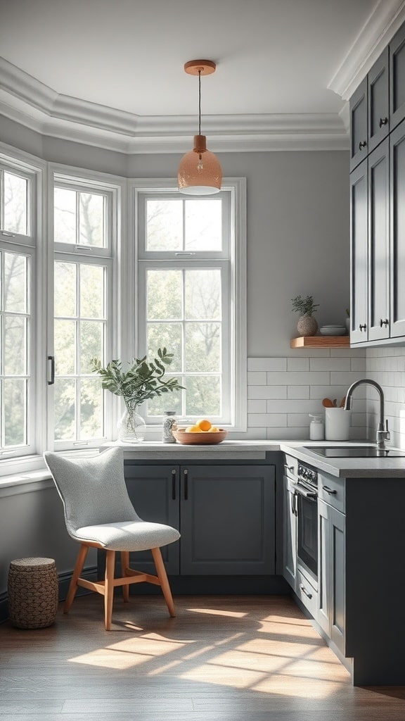 Cozy gray kitchen nook with natural light and modern decor