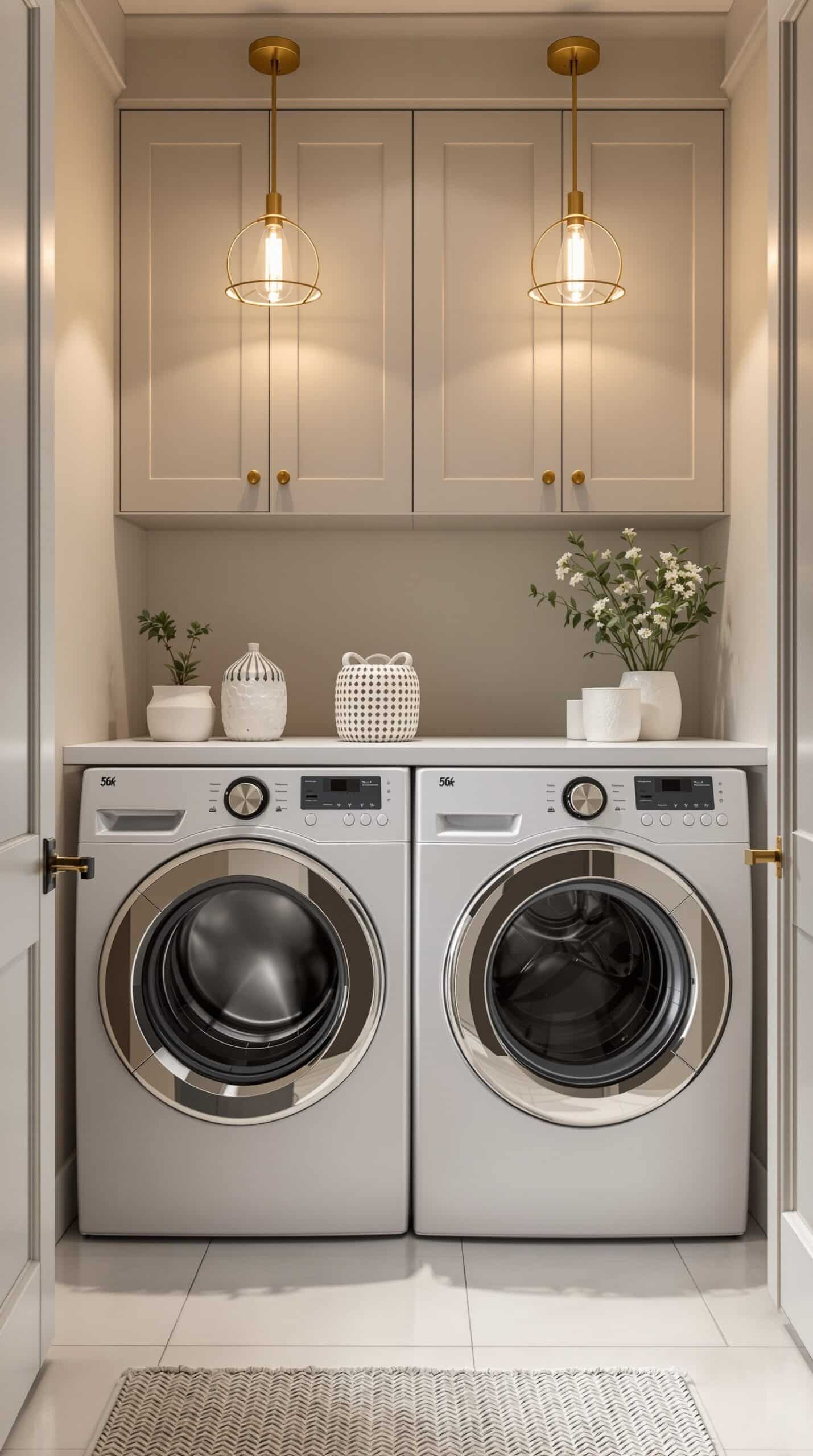 Minimalist greige laundry room with chic pendant lighting above the washer and dryer.