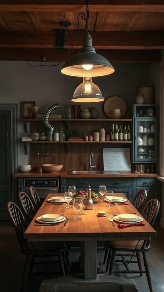 A rustic kitchen with a wooden table and vintage pendant lighting.