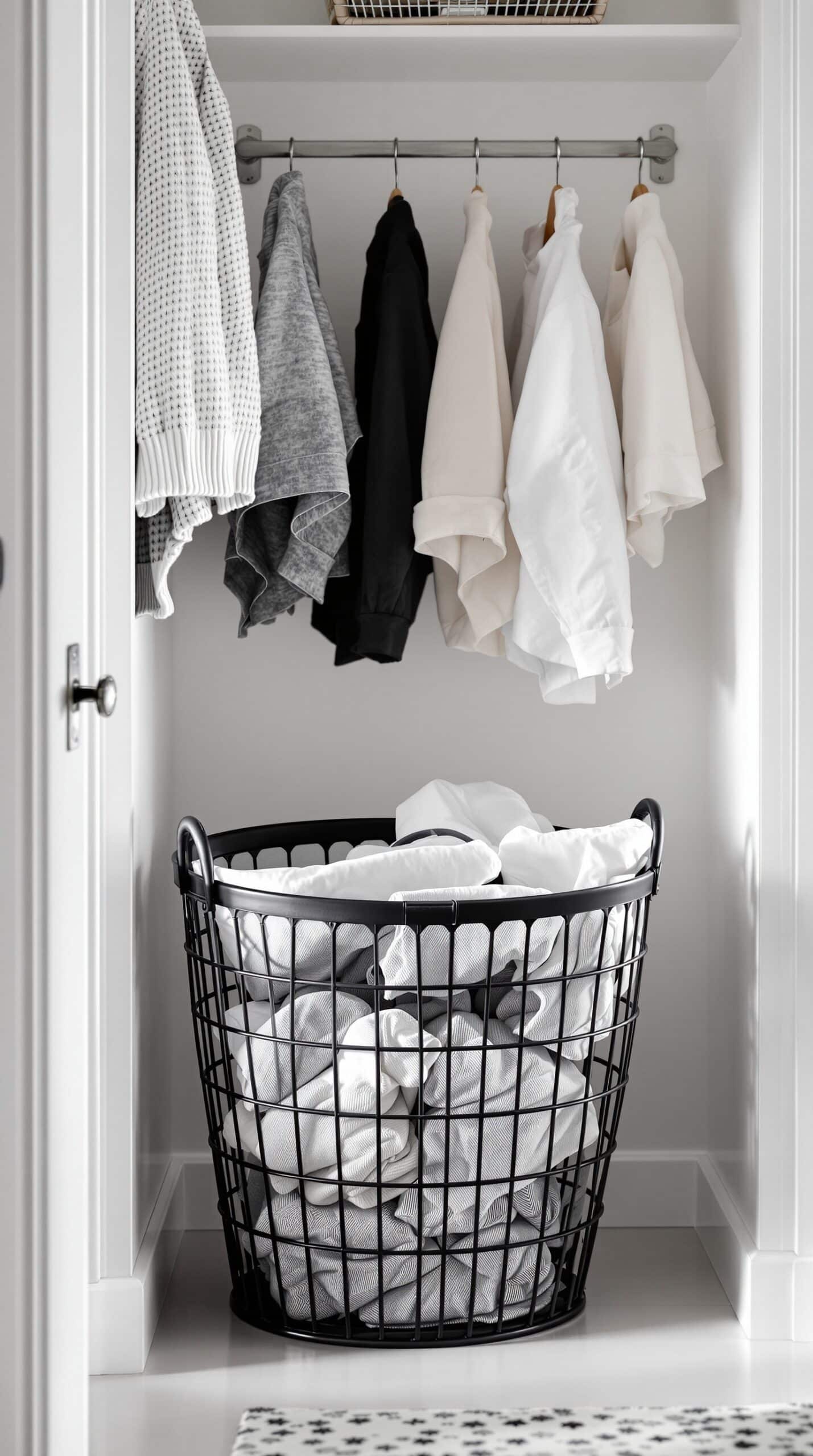 A black laundry basket filled with folded clothes, surrounded by hanging garments in a minimalist laundry room.