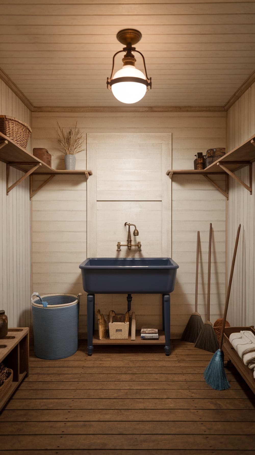 A vintage navy blue wash basin in a cozy laundry room with wooden shelves and warm lighting.