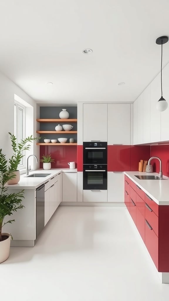 A modern kitchen featuring white cabinetry with burgundy accents, open shelving, and a plant.