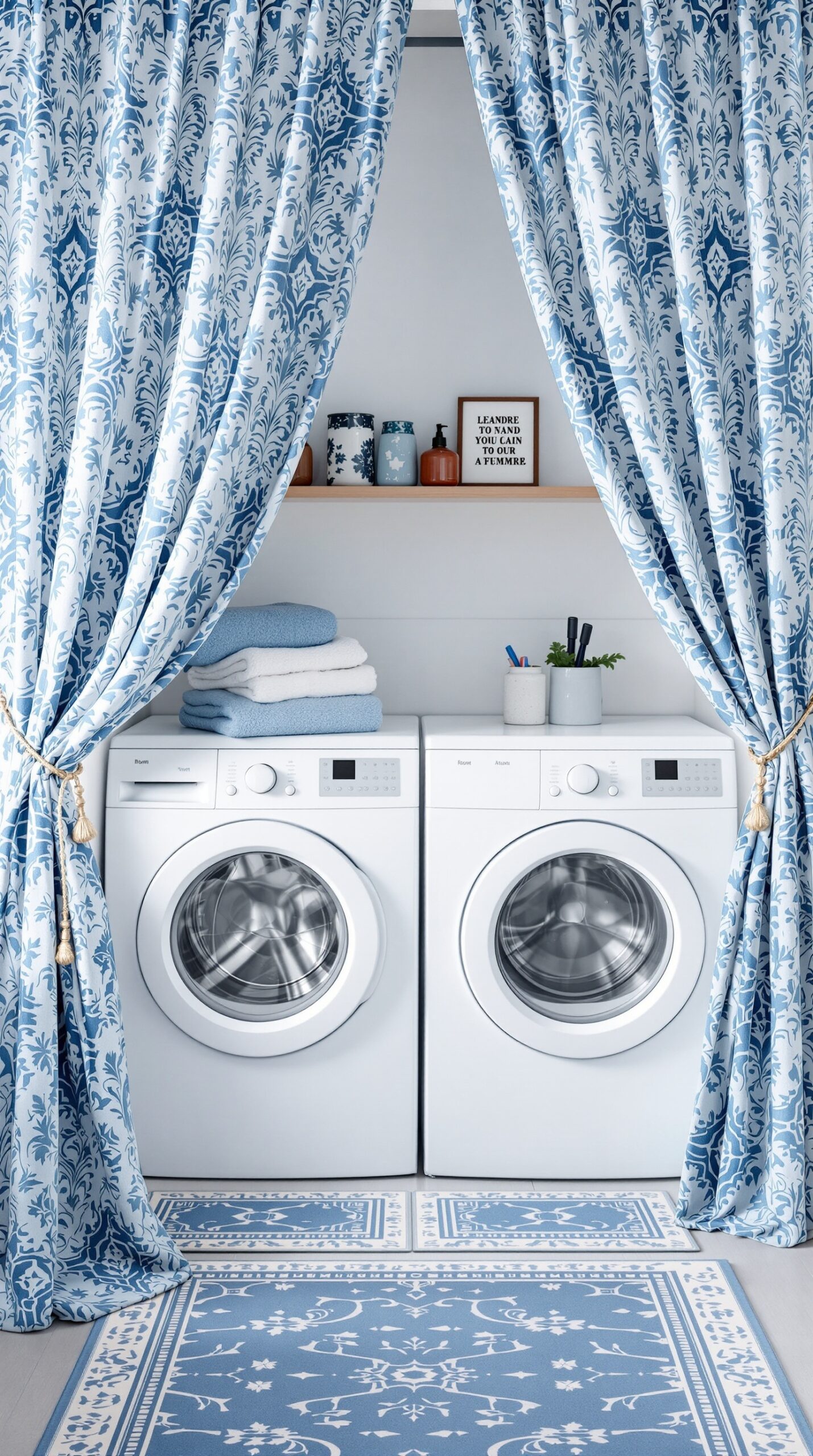A laundry room with dusty blue patterned curtains, a matching rug, and neatly stacked towels.